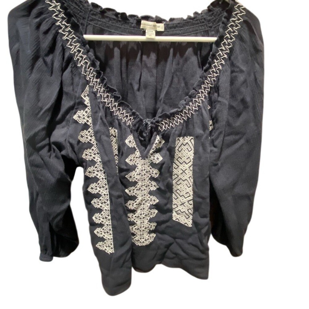 American Eagle Outfitters Blouse Womens M Black Boho Geometric Tie Neck